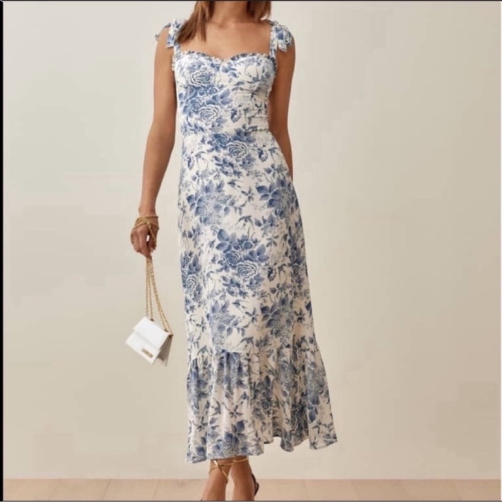 Reformation White Blue Floral Midi Ruffled Sundress